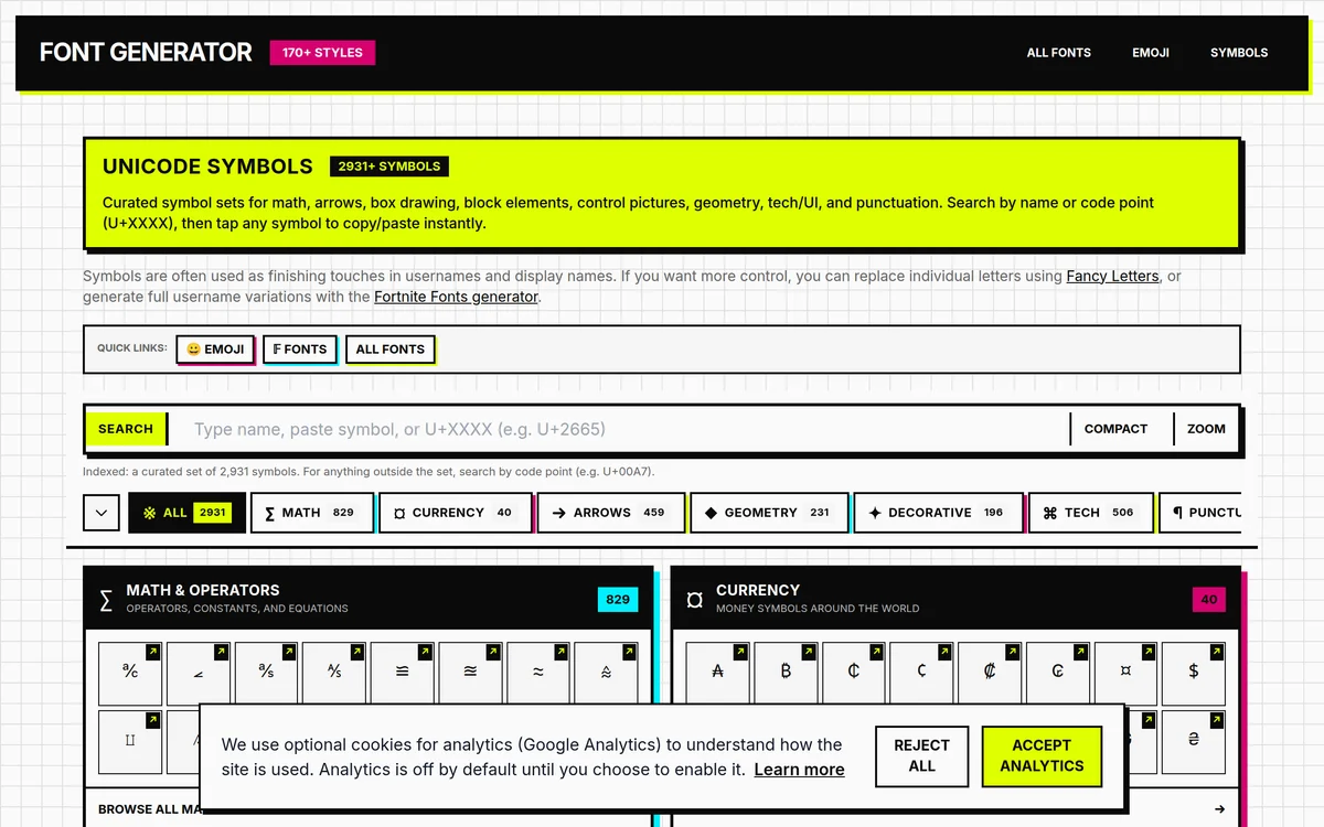 One clean, developer-focused page for every Unicode symbol