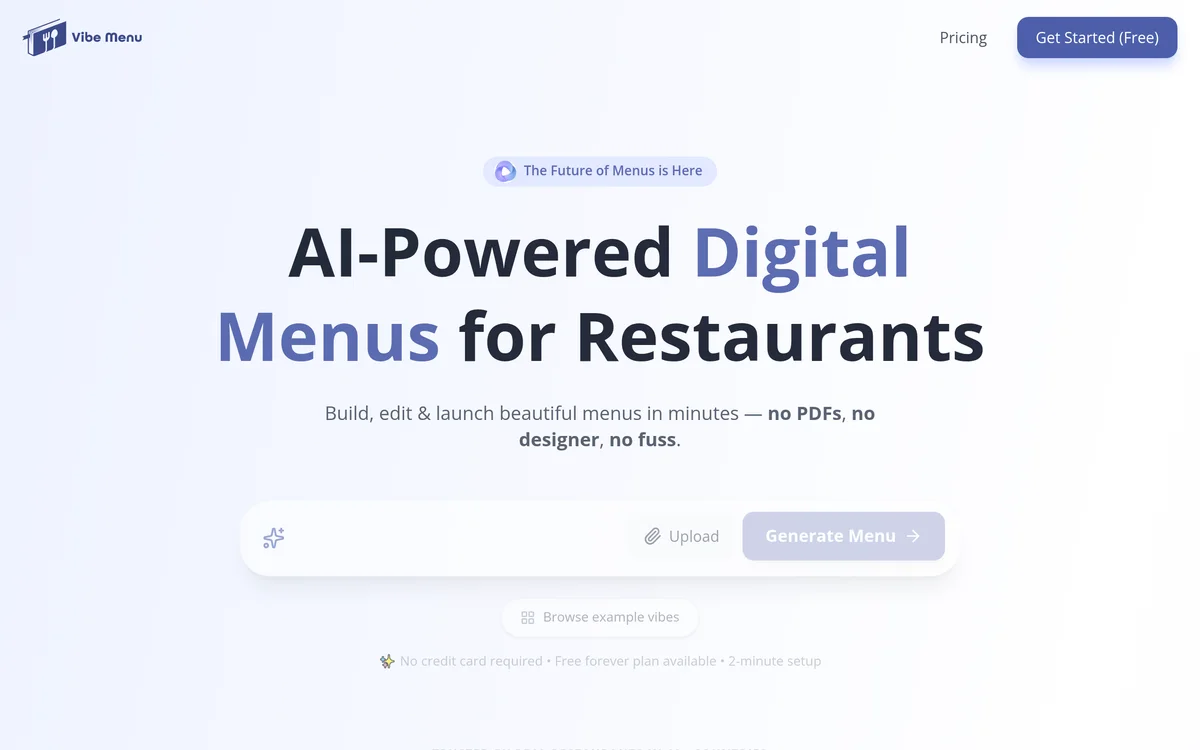 Vibe Menu homepage preview